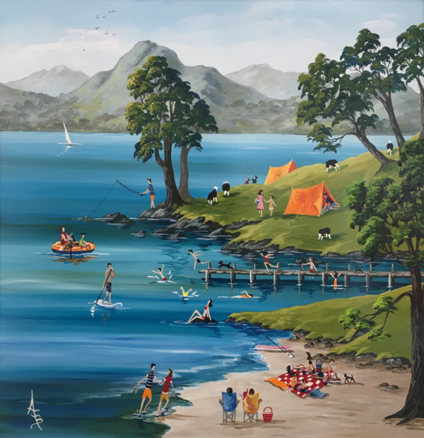 original acrylic painting of lake district summer scene with joyful wild swimming camping canoeing and family picnics by anne blundell