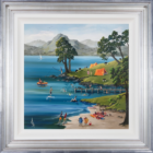 original acrylic painting of lake district summer scene with joyful wild swimming camping canoeing and family picnics by anne blundell