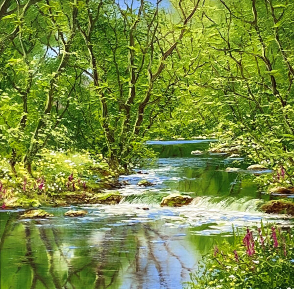 original oil painting by lake district artist terry evans of idyllic lakeland oasis with lush greens and quiant meandering riverside waters small waterfall and summer foxgloves