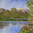 original oil painting by terry evans of lake district inspired countryside scene of riverside path walks silver birch and foxglove summer green and water reflections