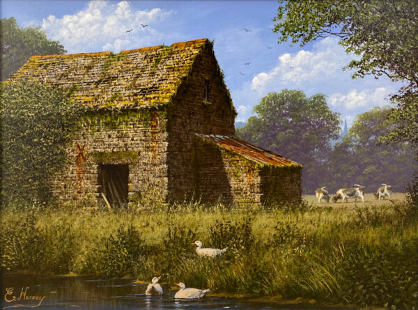edward hersey original oil painting of the english countryside with farm buildings rusty metalwork and serene summer colours with geese ducks and cows surrounding