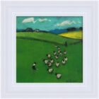 original acrylic painting of lake district countryside scene by david alderman of flock of sheep sheepdog farmer and blue skies in white frame