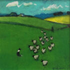 original acrylic painting of lake district countryside scene by david alderman of flock of sheep sheepdog farmer and blue skies