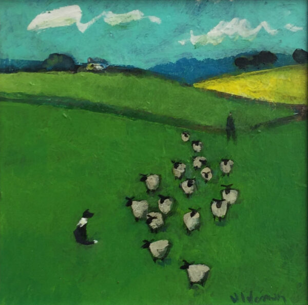 original acrylic painting of lake district countryside scene by david alderman of flock of sheep sheepdog farmer and blue skies