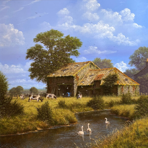 original oil painting by edward hersey of a fantastic classic english countryside scene akin to constable with farm animals, a river and swans on a bright sunny day with warm grass colours