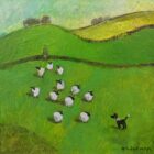 Original acrylic painting by David Alderman of a sheepdog at attention with a flock of sheep, watched by the farmer.