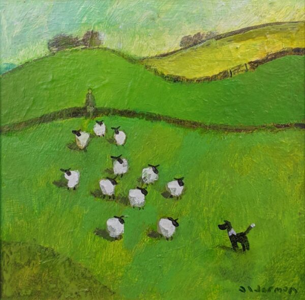 Original acrylic painting by David Alderman of a sheepdog at attention with a flock of sheep, watched by the farmer.