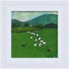 original acrylic painting by david alderman of lake district countryside scene of sheepdogs rounding up a flock of sheep with farmer and fells in white frame