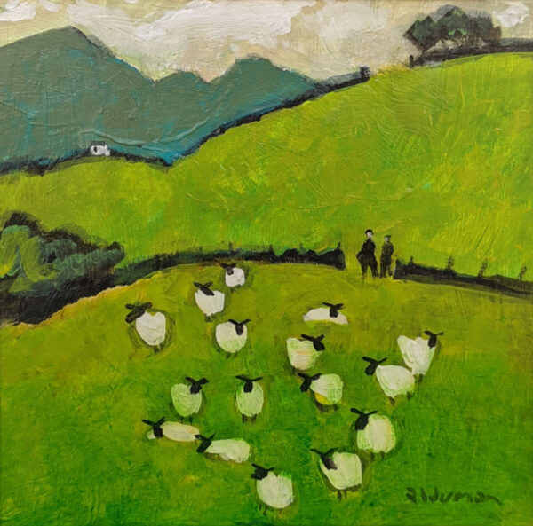 Original acrylic painting by David Alderman showing a flock of sheep safely brought in off the hill.
