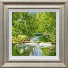 original oil painting by lake district artist terry evans of idyllic lakeland oasis with lush greens and quiant meandering riverside waters small waterfall and summer foxgloves in pewter frame