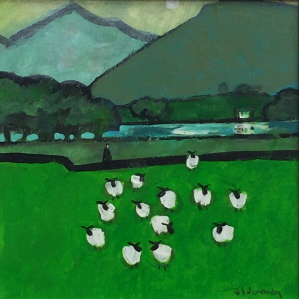 original acrylic painting of lake district countryside scene by david alderman of flock of sheep in green field and water