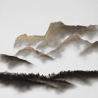 charcoal and mixed media limited edition print of the langdale pikes from windermere by local lake district artist daniel cooper art with gold accents and monochrome