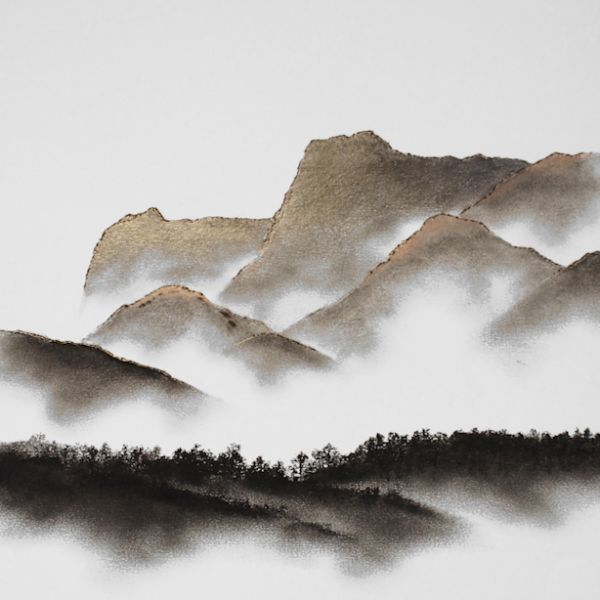 charcoal and mixed media limited edition print of the langdale pikes from windermere by local lake district artist daniel cooper art with gold accents and monochrome