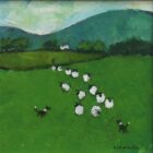 original acrylic painting by david alderman of lake district countryside scene of sheepdogs rounding up a flock of sheep with farmer and fells