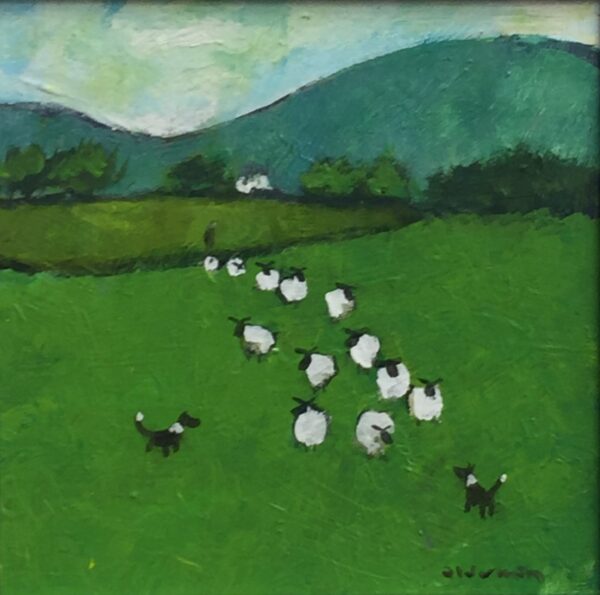 original acrylic painting by david alderman of lake district countryside scene of sheepdogs rounding up a flock of sheep with farmer and fells