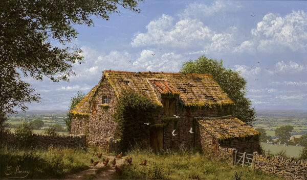 original oil painting by master edward hersey of a quintessential english countryside scene with hens, doves and a farm barn falling into ruin with large open landscapes in the background and warm summer light
