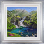 original acrylic painting of lake district scene by contemporary artist anne blundell of summer wild swimming at wasdale emeral infinity pool with picnic pets and fells in blue and silver frame
