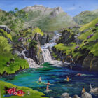 original acrylic painting of lake district scene by contemporary artist anne blundell of summer wild swimming at wasdale emeral infinity pool with picnic pets and fells