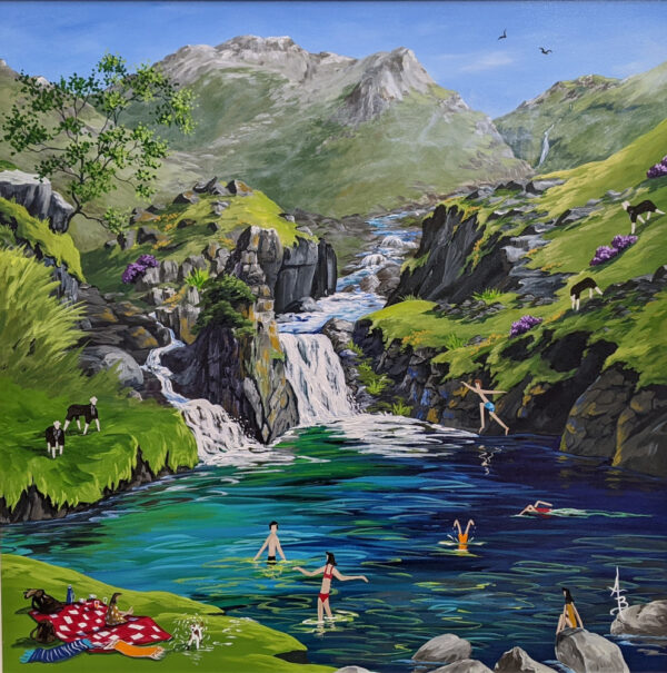 original acrylic painting of lake district scene by contemporary artist anne blundell of summer wild swimming at wasdale emeral infinity pool with picnic pets and fells