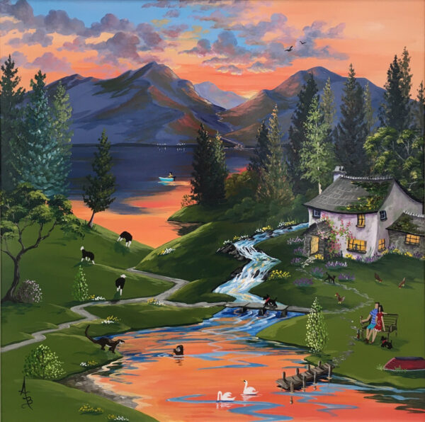original acrylic painting of lake district sunset scene by contemporary artist anne blundell of a serene evening by the water with cottage herdwicks and otters