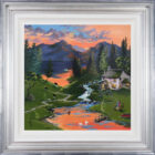 original acrylic painting of lake district sunset scene by contemporary artist anne blundell of a serene evening by the water with cottage herdwicks and otters in blue and silver frame