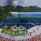 Stormy Sky - Scarlet Poppies - Bowness an original acrylic painting by Anne Blundell. A Lake District scene of the famous pier and ticket hut on Windermere.