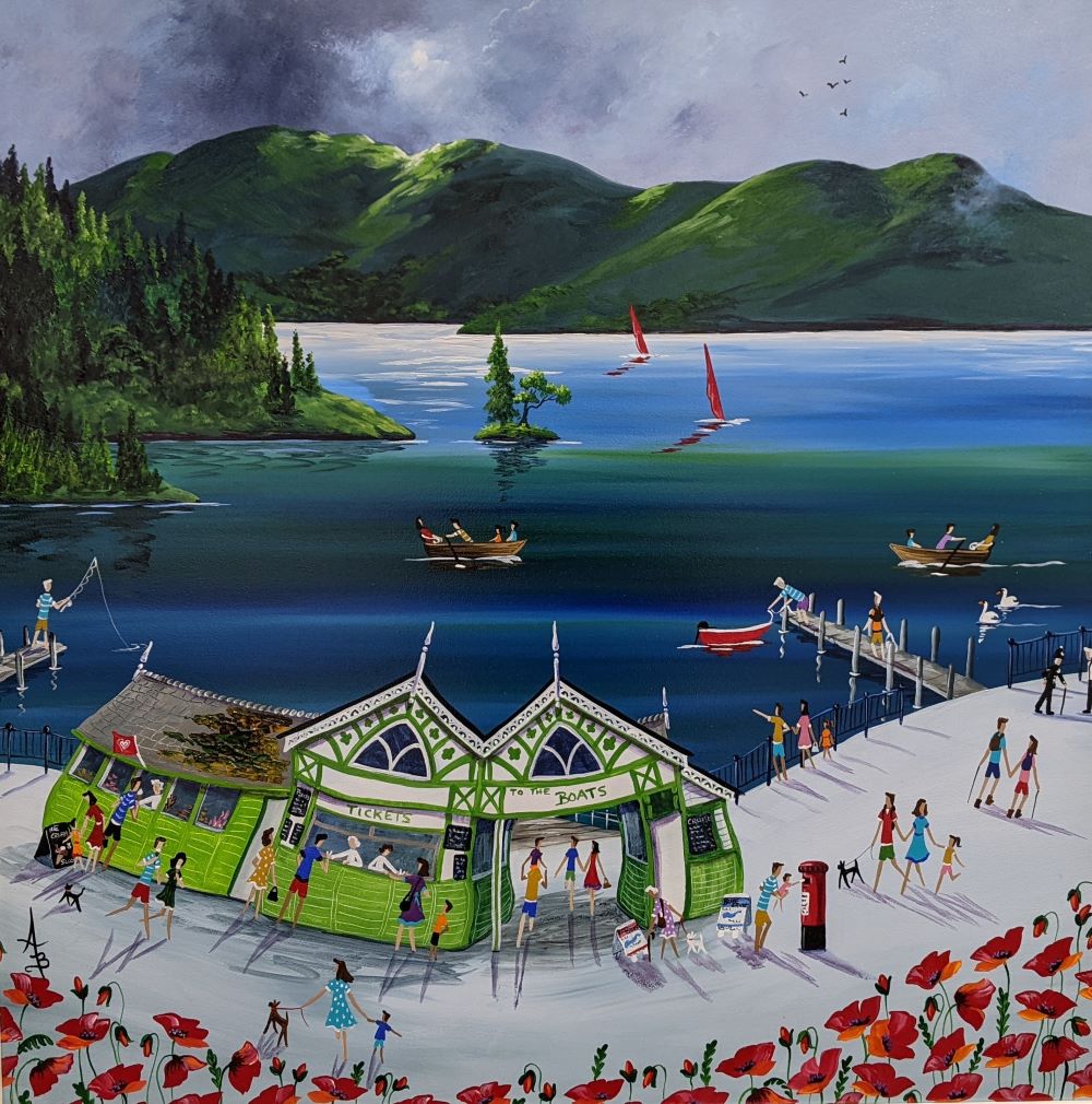 Stormy Sky, Scarlet Poppies, Bowness by Anne Blundell Stormy Sky - Scarlet Poppies - Bowness an original acrylic painting by Anne Blundell. A Lake District scene of the famous pier and ticket hut on Windermere.