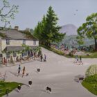 The Drunken Duck an original acrylic painting by Anne Blundell. A Lake District scene of the famous Inn in Ambleside. A lovely sunny day with herdwick sheep on the road