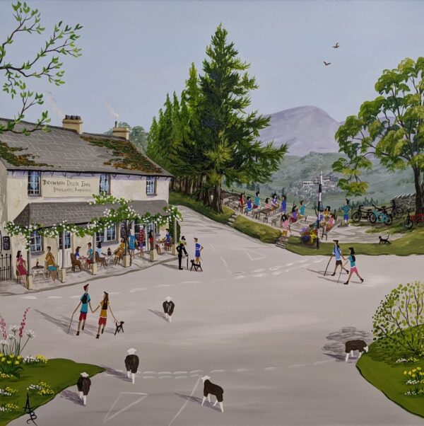 The Drunken Duck an original acrylic painting by Anne Blundell. A Lake District scene of the famous Inn in Ambleside. A lovely sunny day with herdwick sheep on the road