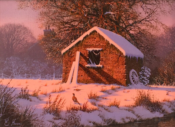 original oil painting by edward hersey warm warly morning winter light in the countryside with pheasants and snow