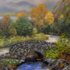 Autumn at Ashness Bridge is a giclee print of an oil painting by Jeff Sudders of the bridge and river with mountains behind.