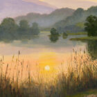 Lake District art. Giclee print Early Evening at Rydal Water by local artist Jeff Sudders shows golden sunset over the lake.