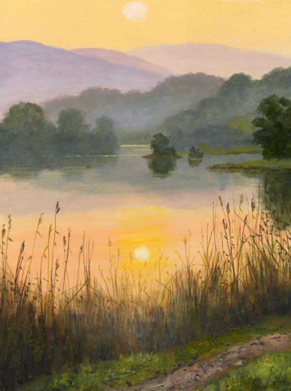 Lake District art. Giclee print Early Evening at Rydal Water by local artist Jeff Sudders shows golden sunset over the lake.