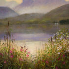 Lake District art. Giclee print Early Evening at Windermere by local artist Jeff Sudders showing sunset light on the lake and mountains.