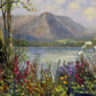 Lake District Art framed print by Jeff Sudders of Grasmere and Rydal Water with colourful wildflowers on the shore.