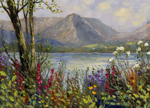 Lake District Art framed print by Jeff Sudders of Grasmere and Rydal Water with colourful wildflowers on the shore.