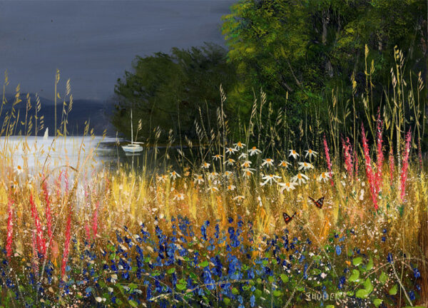Lake District art framed print by Jeff Sudders showing an abundance of colourful wildflowers on the shore of Windermere.