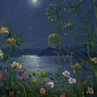 Lake District Art framed print of roses by the shore of Windermere with deep blue moonlit sky and reflections on the lake.