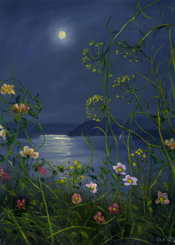 Lake District Art framed print of roses by the shore of Windermere with deep blue moonlit sky and reflections on the lake.