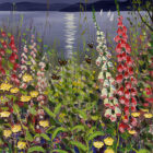 Lake District Art framed print by Jeff Sudders of foxgloves and wildflowers with a moonlit sky and reflections on Windermere.
