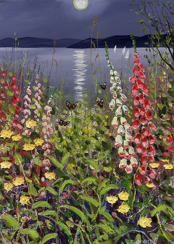 Lake District Art framed print by Jeff Sudders of foxgloves and wildflowers with a moonlit sky and reflections on Windermere.