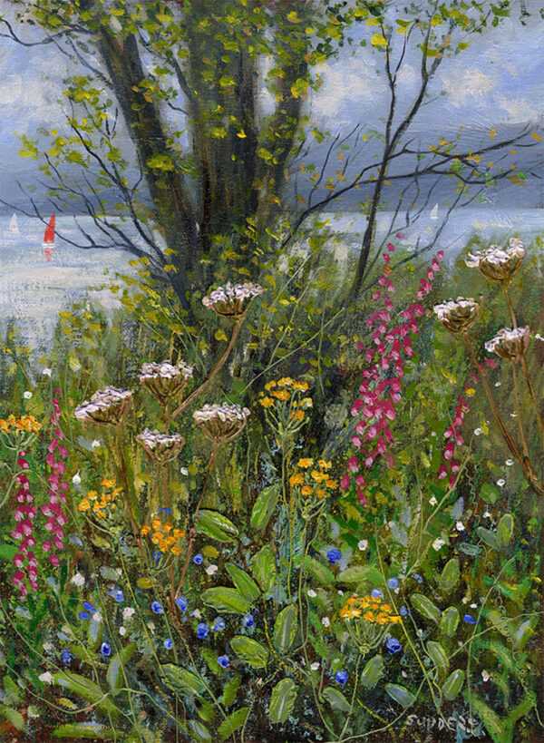 Lake District art framed print Thoughts of Summer by Windermere by Jeff Sudders showing wildflowers growing on the shore of Windermere.