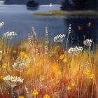 Lake District Art framed print by Jeff Sudders. Wildflowers in rich, warm hues of yellows and oranges with dark blue landscape of Waterhead, Windermere.