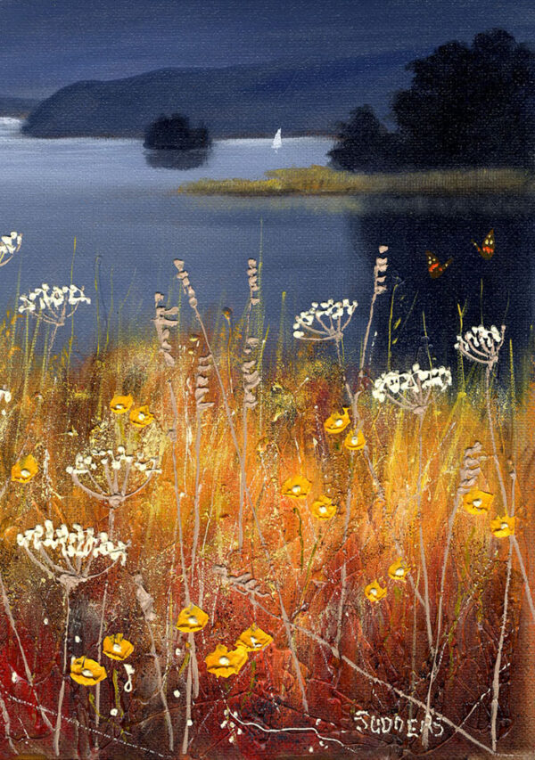 Lake District Art framed print by Jeff Sudders. Wildflowers in rich, warm hues of yellows and oranges with dark blue landscape of Waterhead, Windermere.