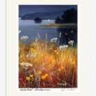 Lake District art framed print of Waterhead, Windermere by Jeff Sudders. Dark blue landscape with rich yellow and orange wildflowers light up the foreground.