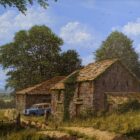 original oil painting lake district art inspired by the english countryside by edward hersey featuring a summer farmyard with a vintage blue lakeland land rover.