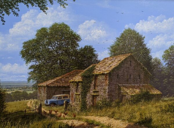 original oil painting lake district art inspired by the english countryside by edward hersey featuring a summer farmyard with a vintage blue lakeland land rover.