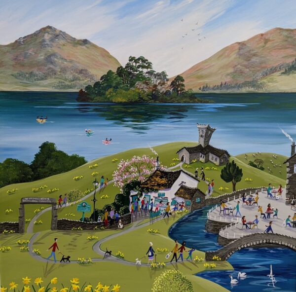 Lake District art by Anne Blundell. A Piece Of Grasmere Gingerbread is an acrylic painting featuring the popular shop north of Ambleside in glorious Spring with daffodils and cherry trees