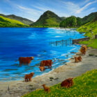 lake district art by anne blundell featuring highland cows swimming in buttermere vibrant acrylic painting with fleetwith pike