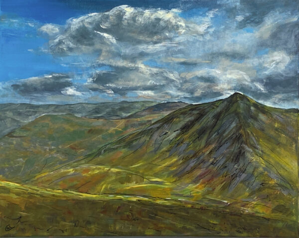 lake district art original acrylic painting on canvas by cally lawson vibrant summer scene of catstyecam fell mountain near helvellyn ullswater